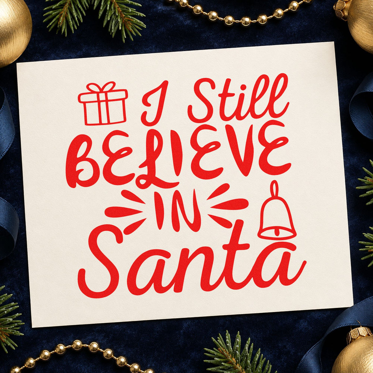 I Still Believe In Santa rubber stamp shown in red ink, stamped for projects such as attic box labels.