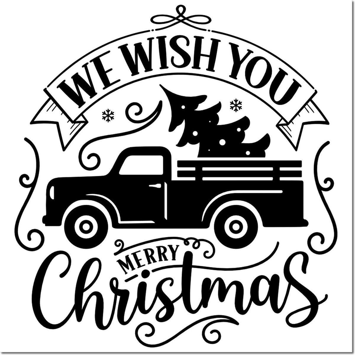 Black-and-white Christmas stamp seal with vintage pickup truck carrying a tree and the words We Wish You Merry Christmas