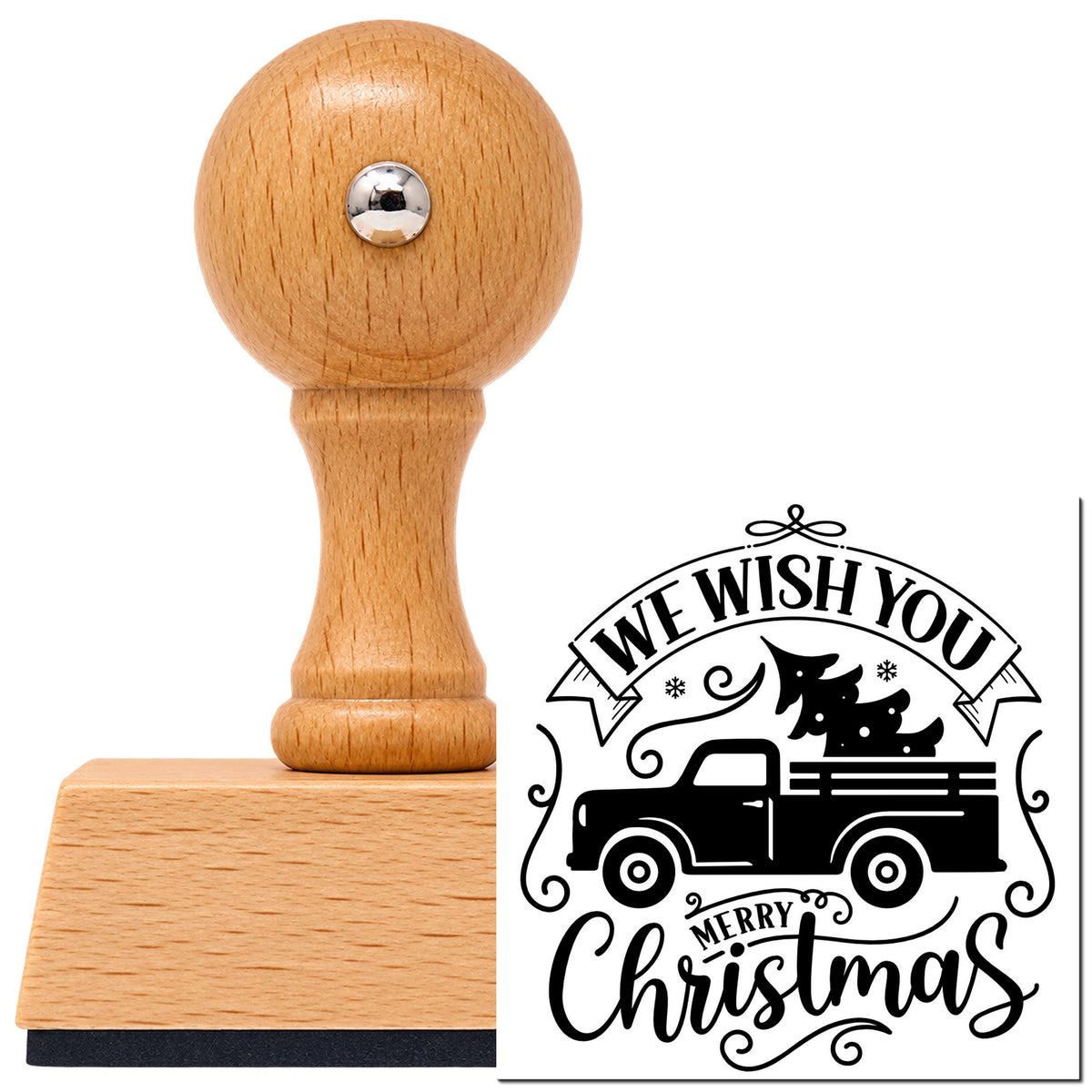 Vintage Pro beech wood stamp with a round knob handle, shown with its black Wish You Christmas Pickup imprint on white.