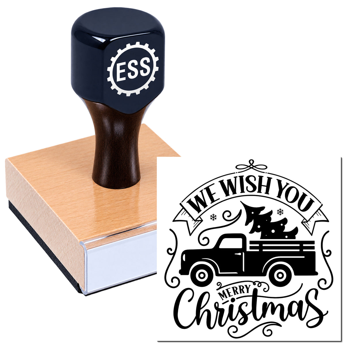 Black ESS stamp and seal on wooden block, with a Merry Christmas truck design and "We Wish You" holiday text.