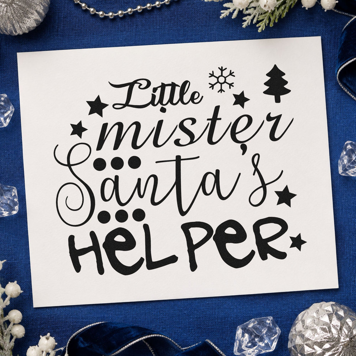 Little Mister Santa's Helper rubber stamp printed in black ink, ready for mister helper cards and similar paper crafts.