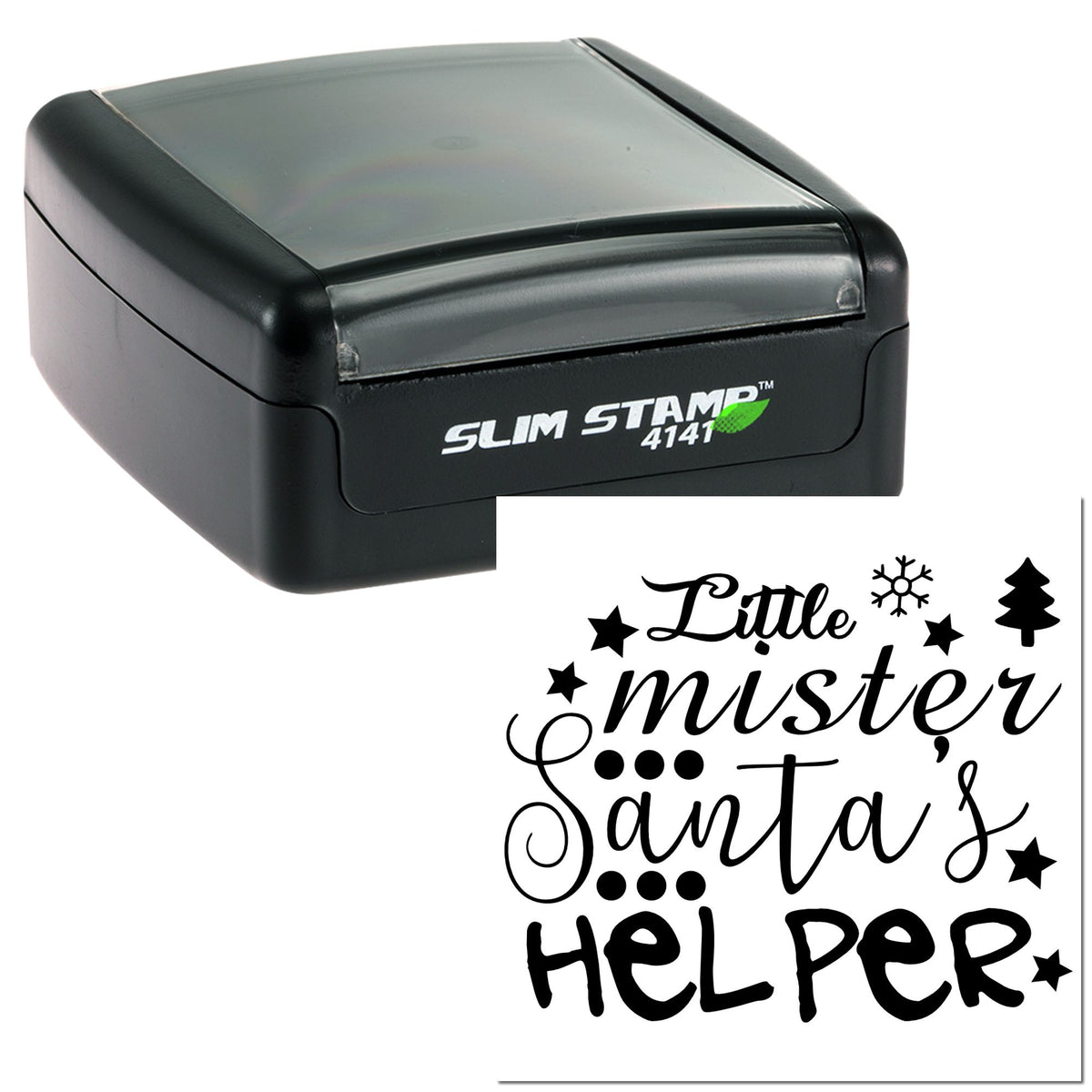 Black Slim Stamp 4141 self-inking stamp with festive seal reading Little mister Santas helper in black with stars, snowflake, and tree.