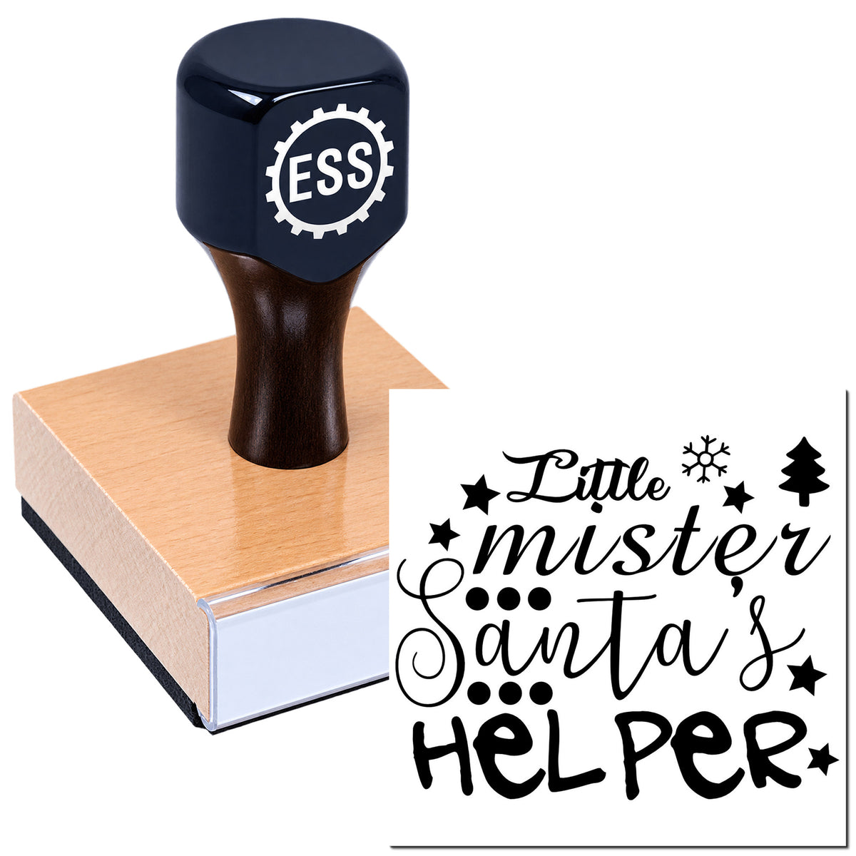 Dark navy custom seal stamp on wood block, with black holiday wording "Little mister, Santa's helper" and festive icons.