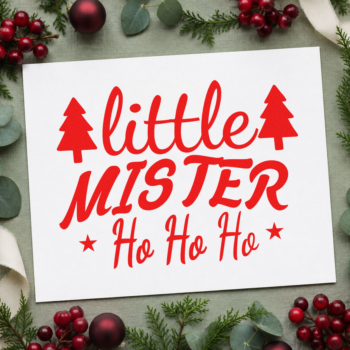 Little Mister Ho Ho Ho craft stamp in red ink on cardstock, an easy option for sleeve pine printing.