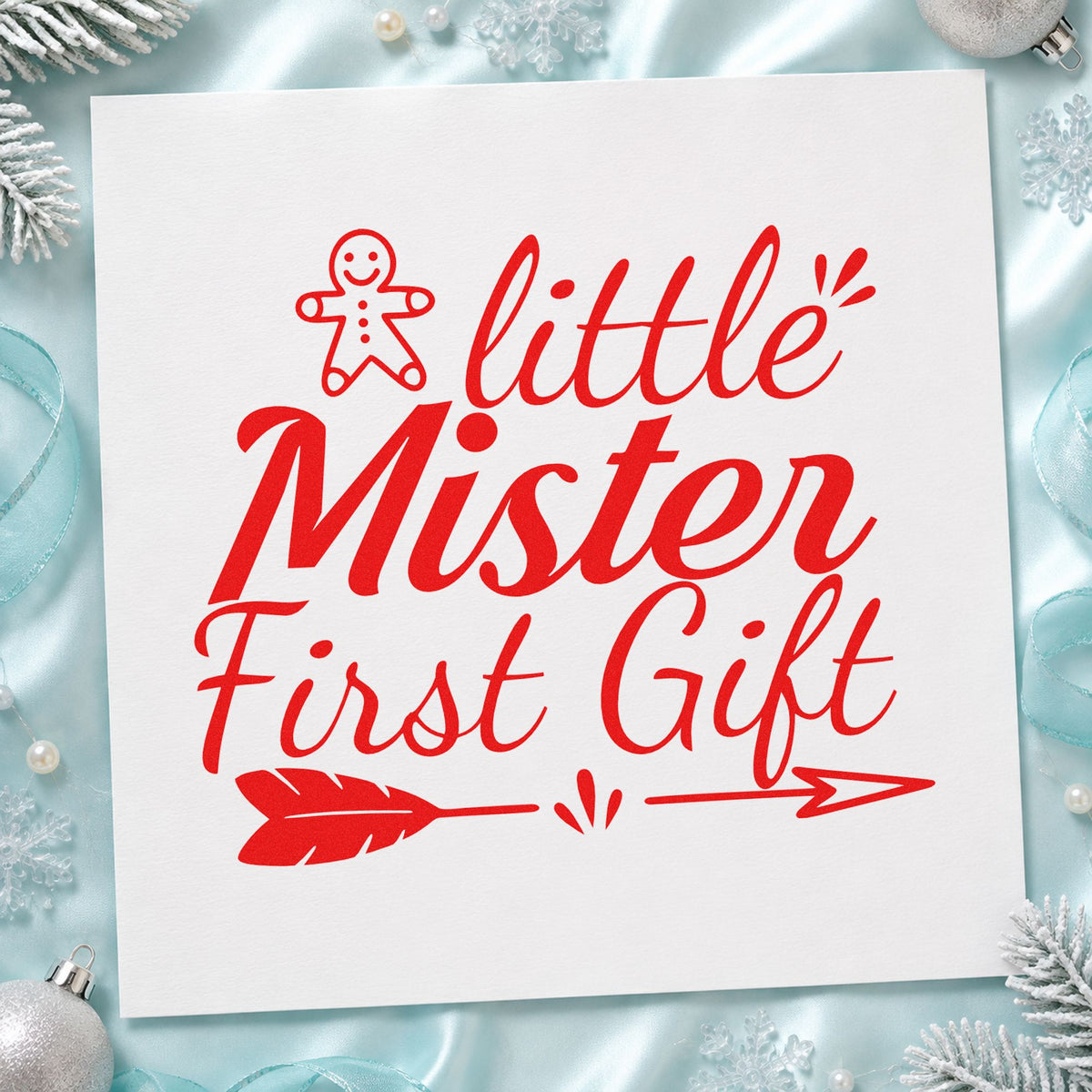 Little Mister First Gift craft stamp in red ink on cardstock, an easy option for bib arrow printing.