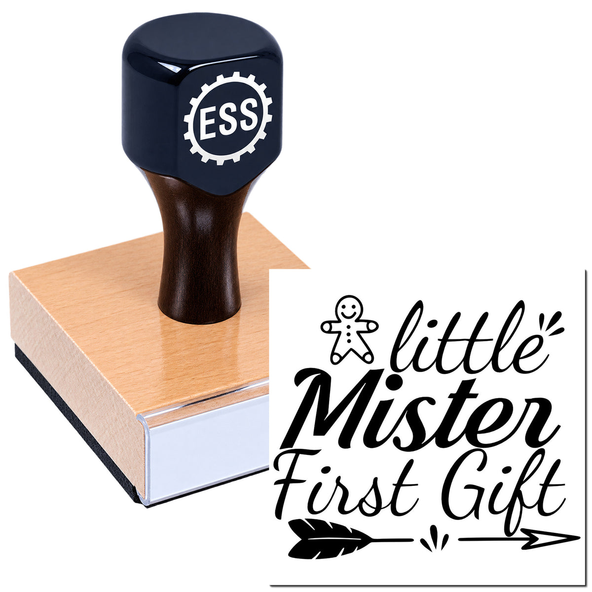 Black ESS stamp and seal on a peach wooden base, with "Little Mister First Gift" design in black.