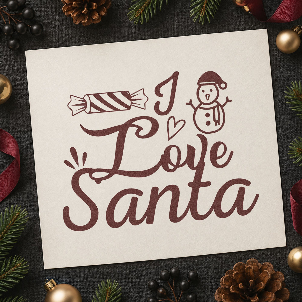 I Love Santa Candy rubber stamp printed in brown ink, ready for treat chart header and similar paper crafts.