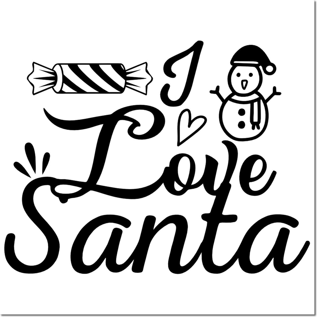 Black holiday stamp and seal design reading I Love Santa with candy, heart, and snowman on white background.