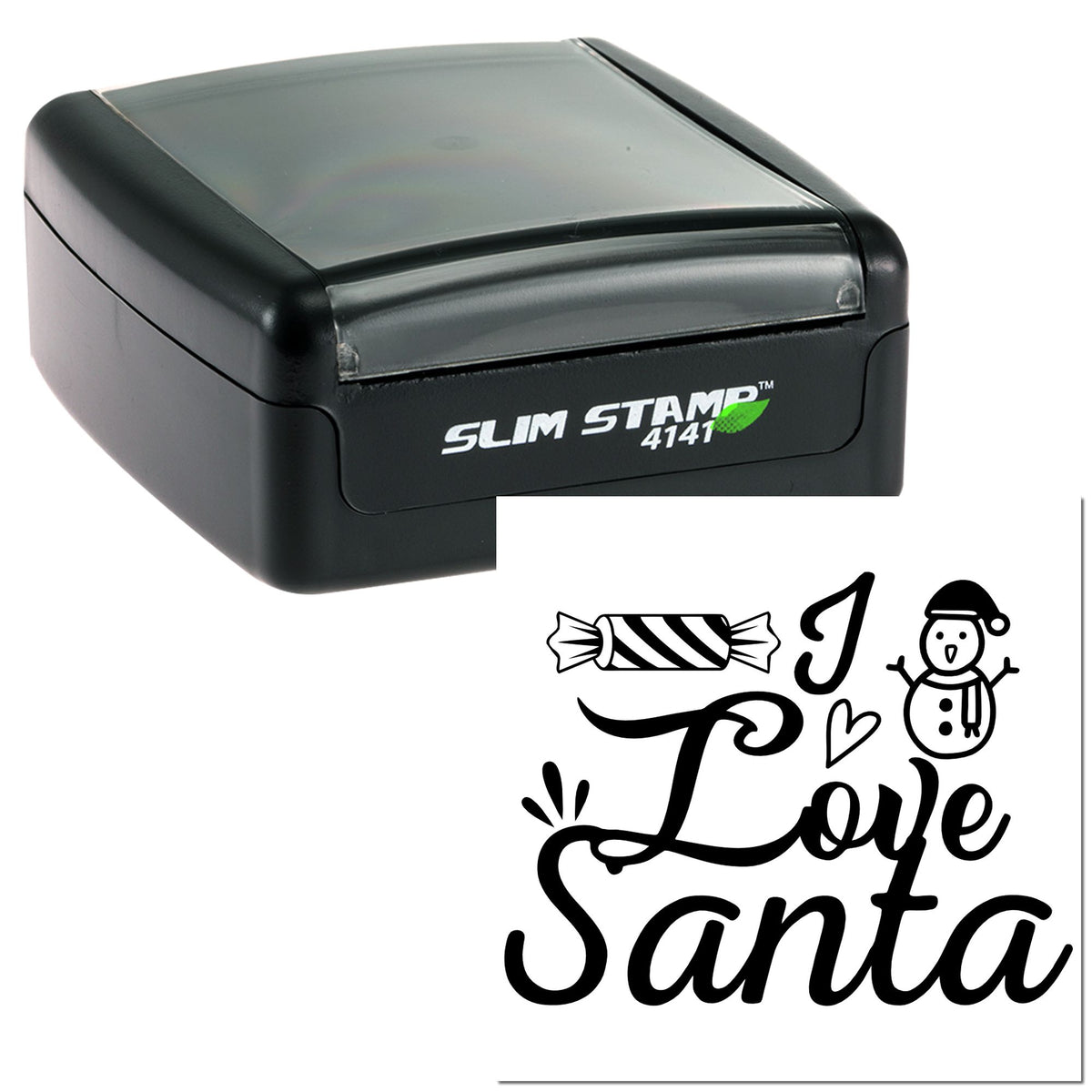 Black self-inking stamp with clear top, showing a Santa-themed custom seal reading I Love Santa with candy and snowman.
