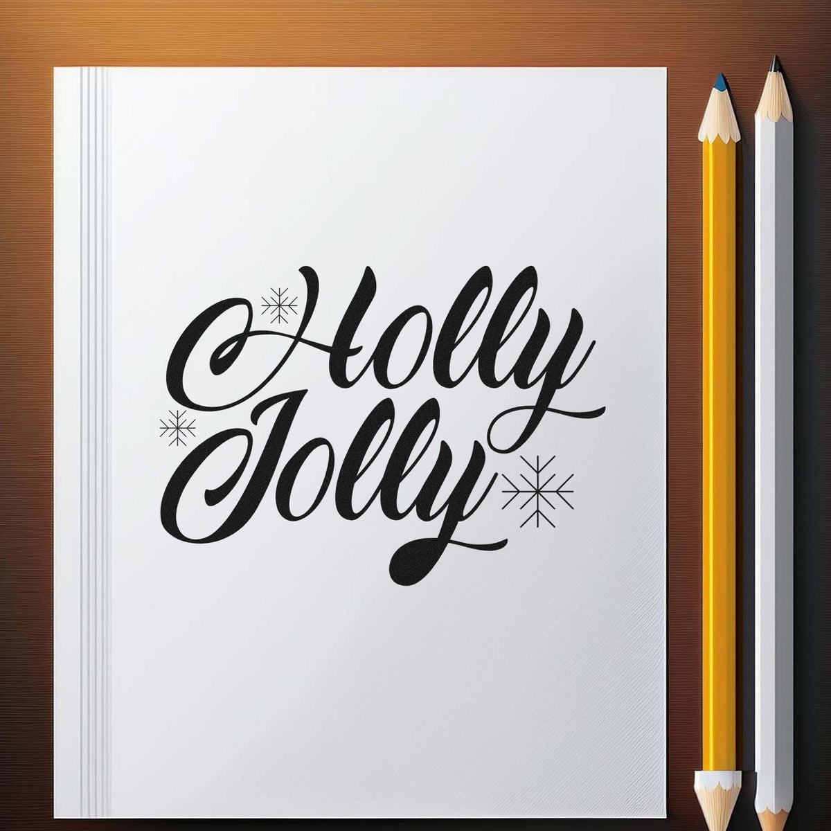 Holly Jolly black holiday stamp and seal design with snowflakes on white paper, beside yellow and white pencils.