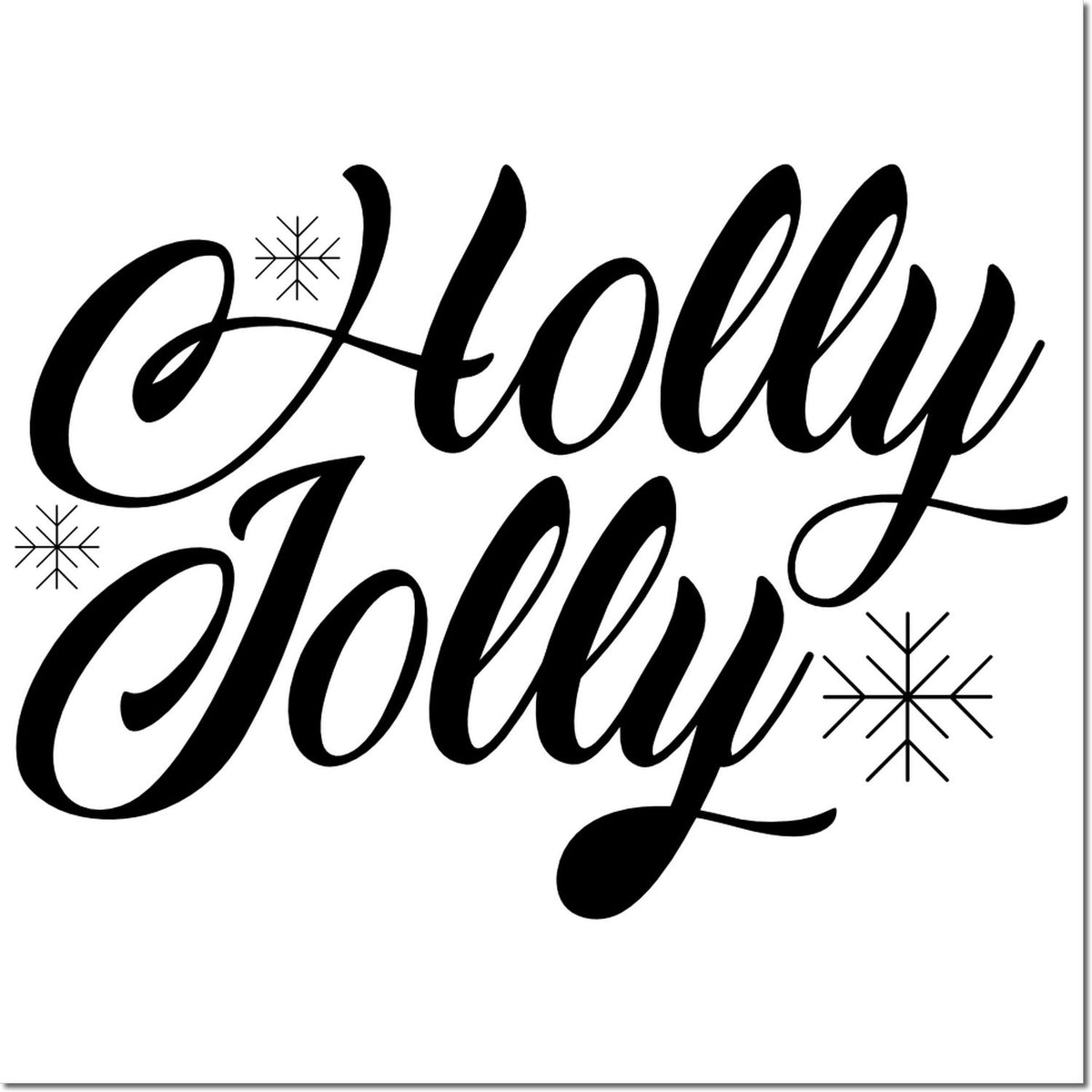Black Jolly holiday stamp seal in bold script with snowflake accents on a white background.