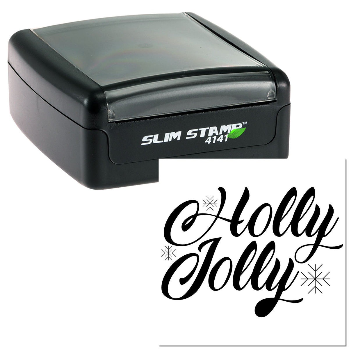 Black self-inking Slim Stamp with gray lid and white holiday seal reading Holly Jolly with snowflakes.