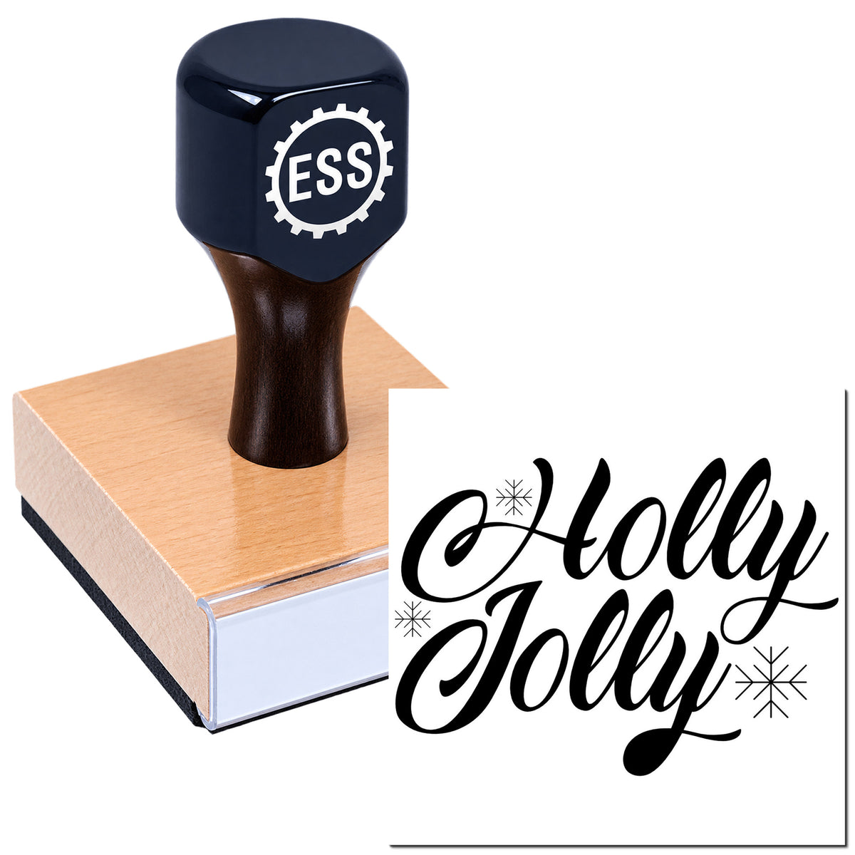 Black ESS custom stamp on a pink-and-white block, creating a "Holly Jolly" holiday seal with snowflakes.