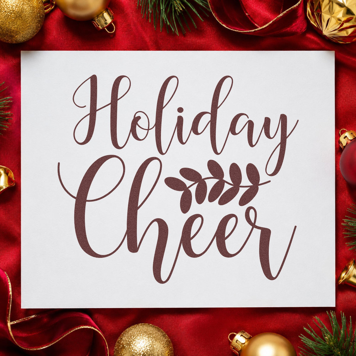 Holiday Cheer Leafy Sprig rubber stamp printed in brown ink, ready for service menu sheet and similar paper crafts.