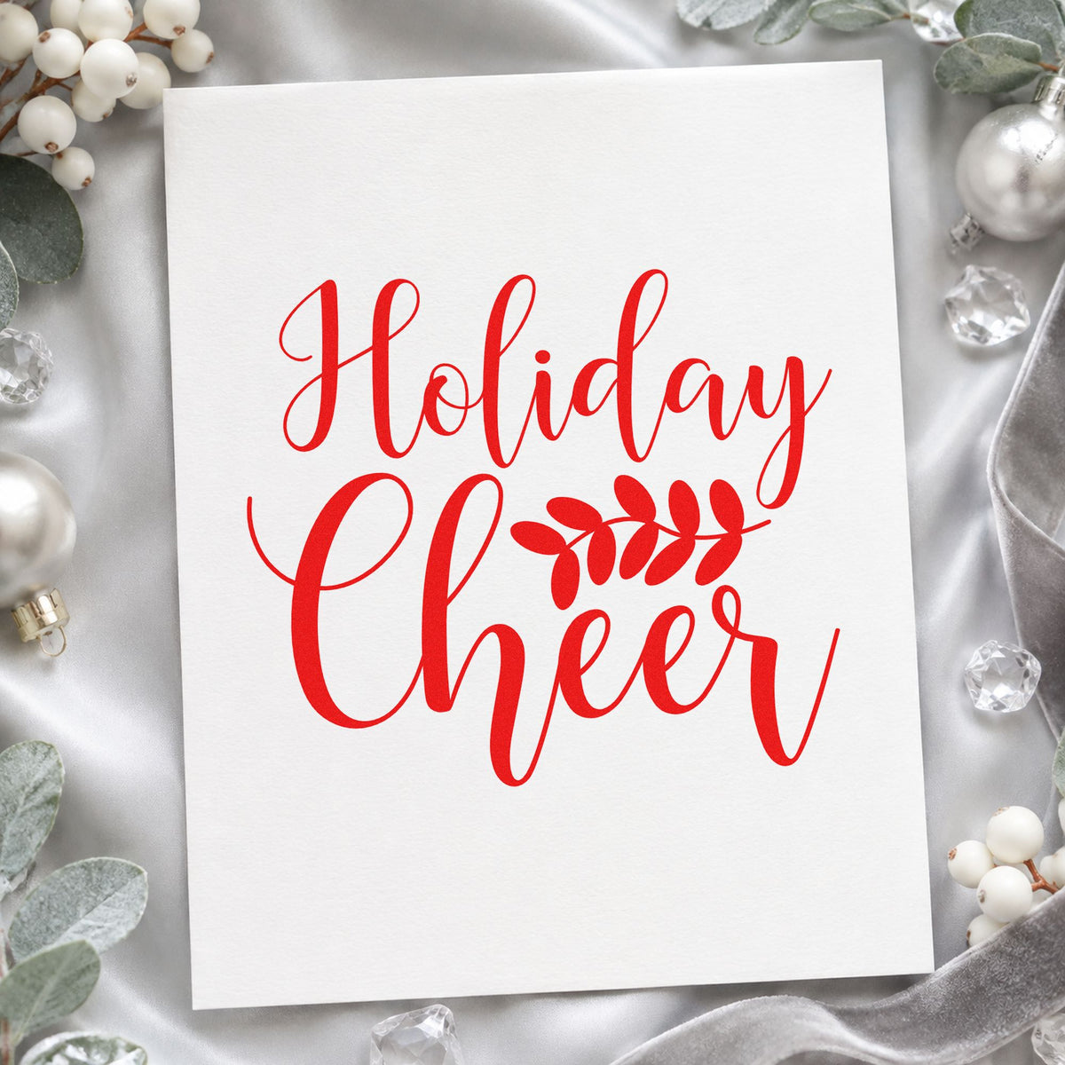 Holiday Cheer Leafy Sprig craft stamp in red ink on cardstock, an easy option for towel band printing.