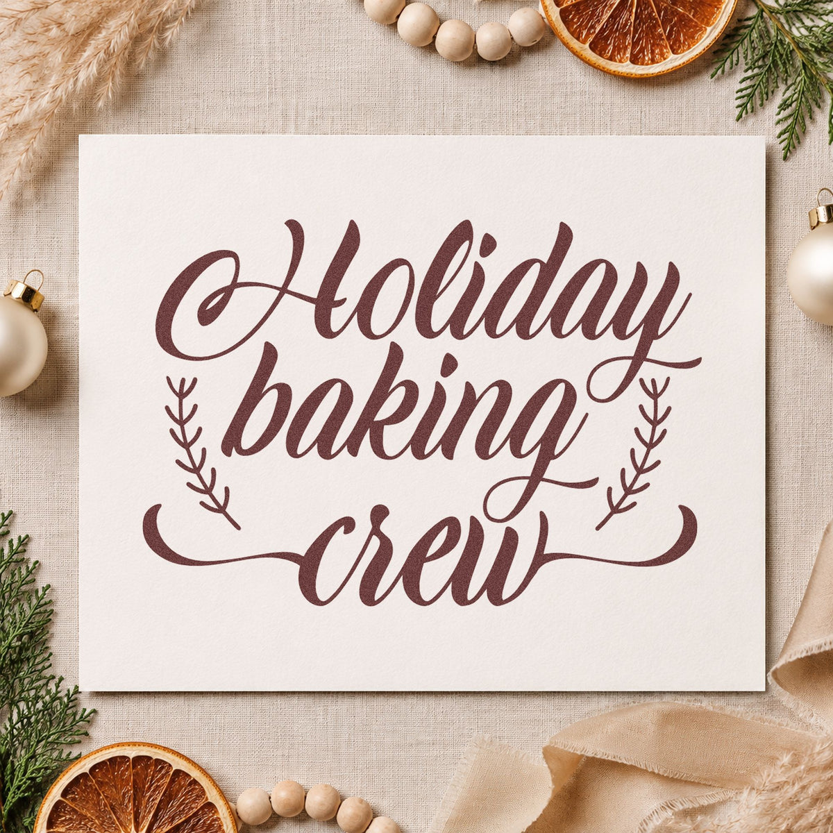 Holiday Baking Crew Sprigs rubber stamp printed in brown ink, ready for production plan sheet and similar paper crafts.