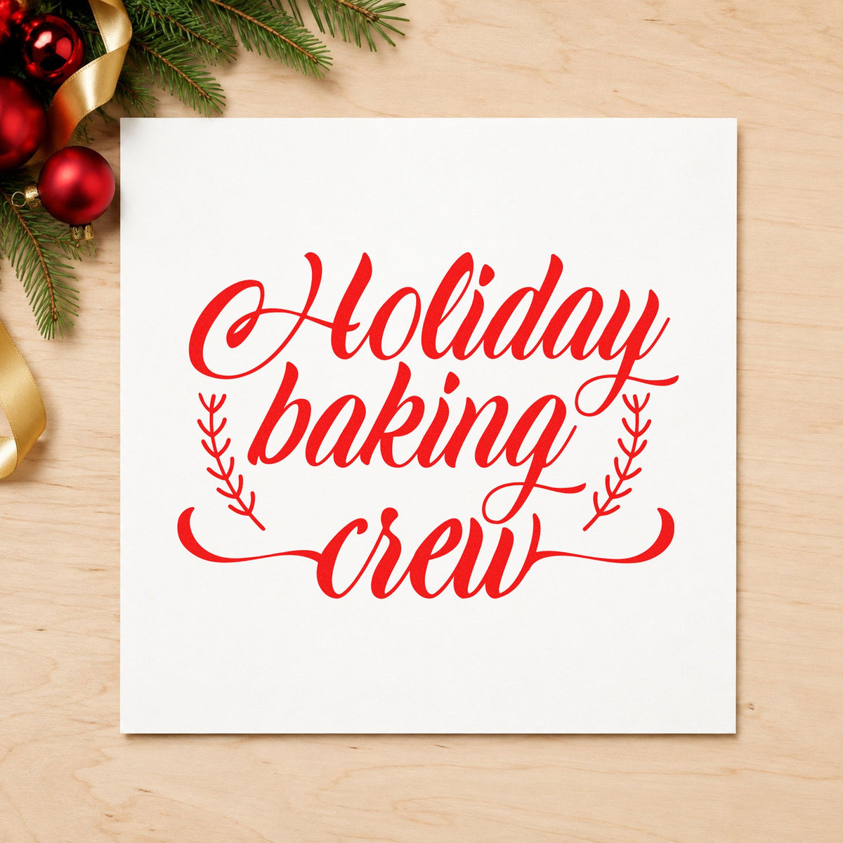 Holiday Baking Crew Sprigs craft stamp in red ink on cardstock, an easy option for chef coat printing.