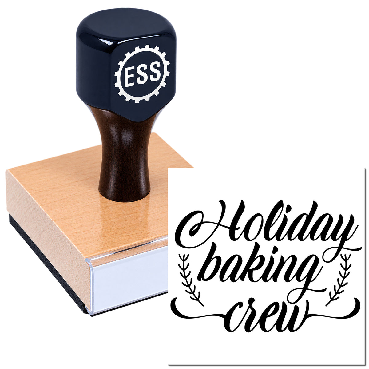 Black ESS stamp on copper square seal block with "Holiday baking crew" script imprint in black.