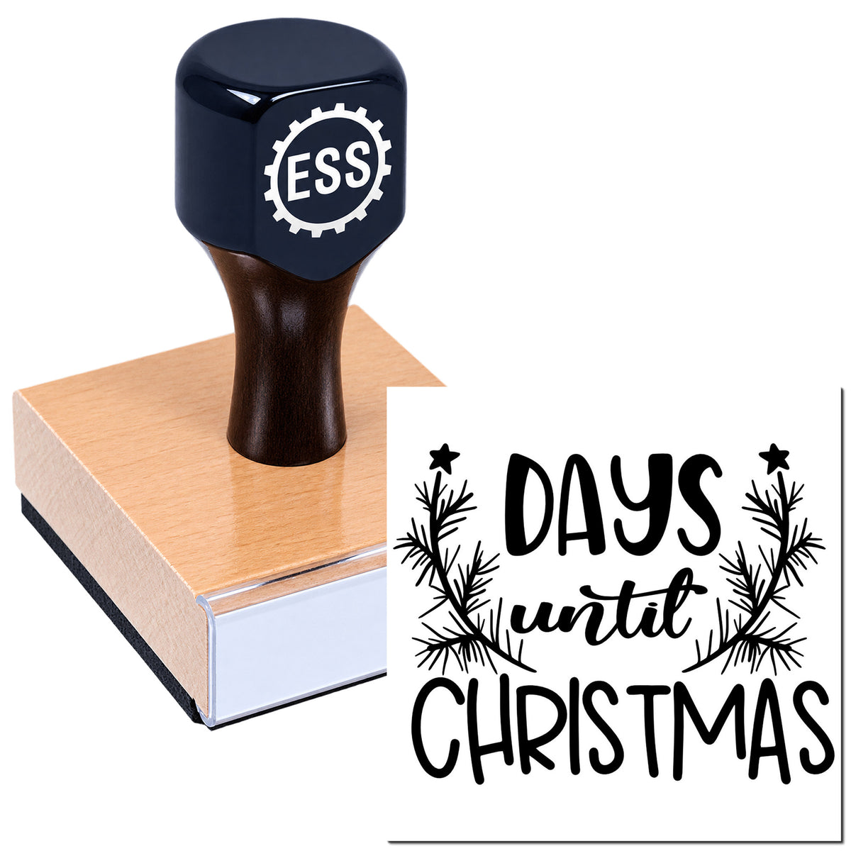 ESS self-inking rubber stamp with pink pad, printing "Days until Christmas" in black with pine sprigs and stars.