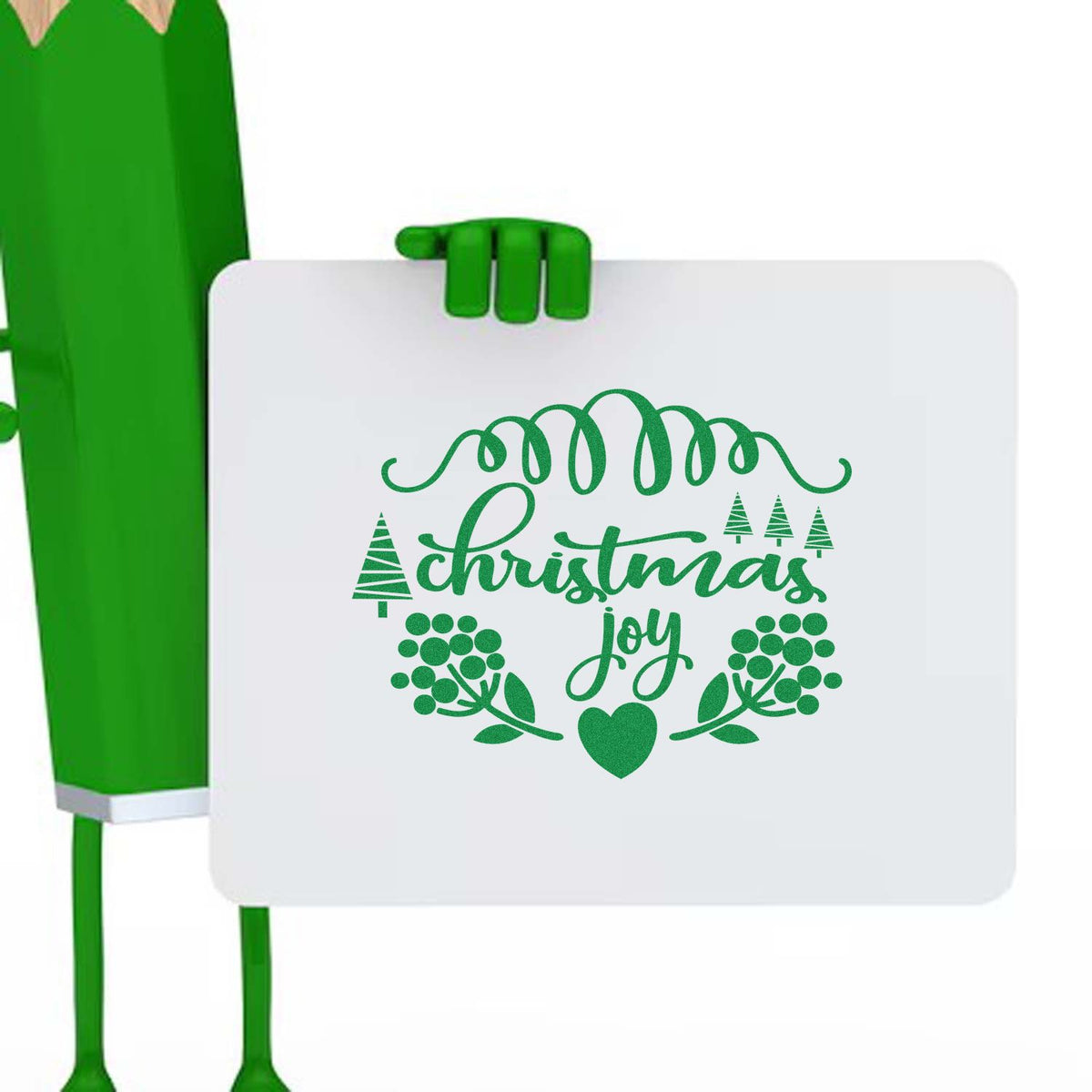 Green stamp and seal mascot holds a white sign with green Christmas joy wreath, trees, berries, and heart design.