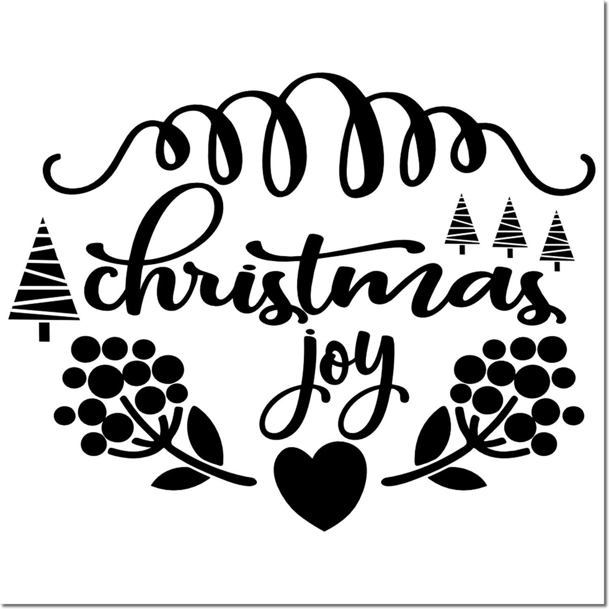 Black Christmas joy stamp and seal design in black script, with pine trees, berries, and a heart on white.