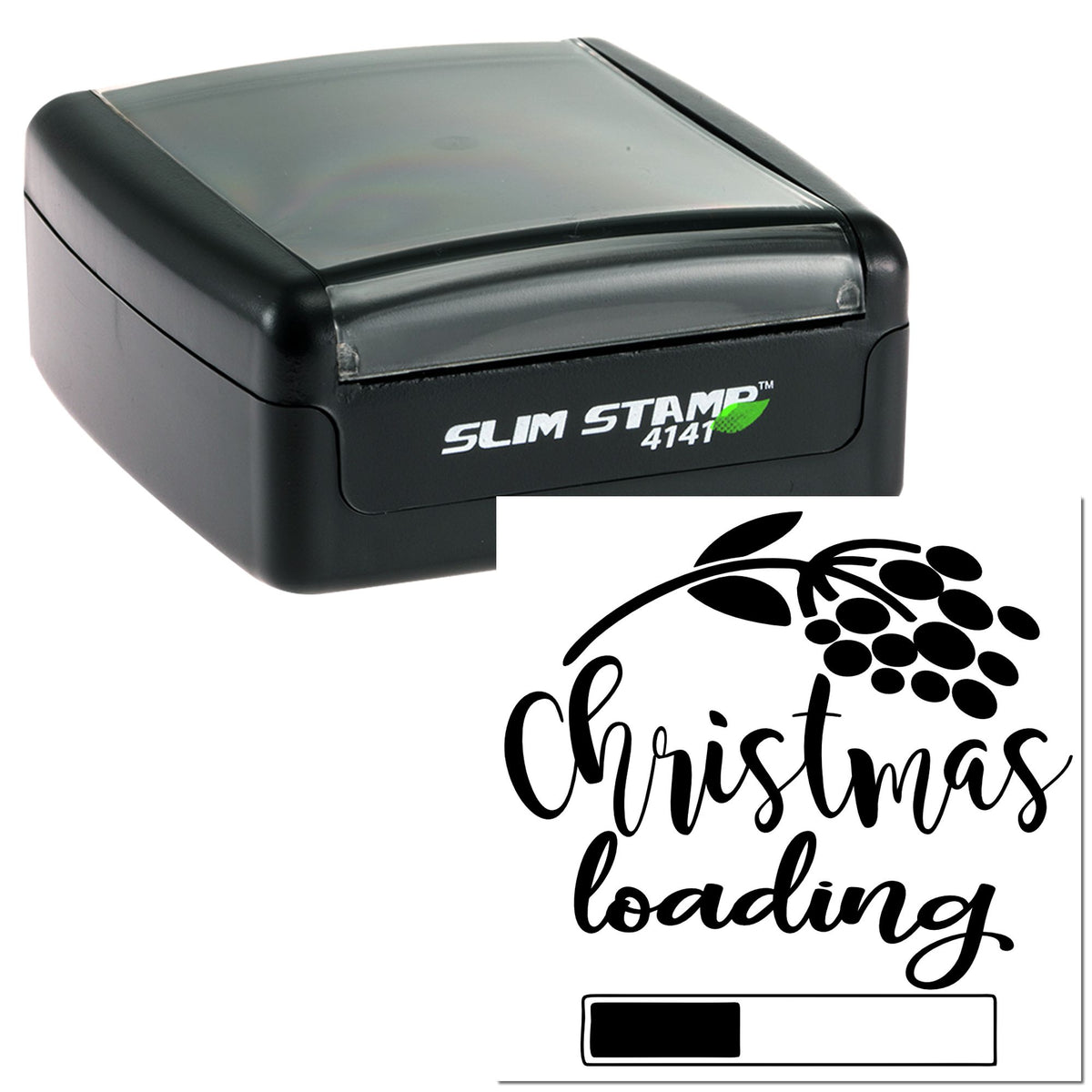 Black self-inking stamp with gray cap and Christmas loading seal design with holly graphic