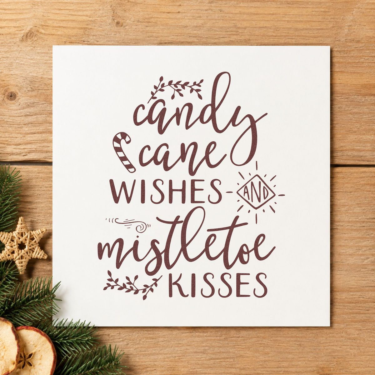 Candy Cane Mistletoe Wishes rubber stamp printed in brown ink, ready for flavor rank sheet and similar paper crafts.