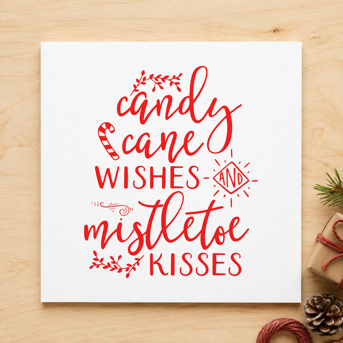 Candy Cane Mistletoe Wishes craft stamp in red ink on cardstock, an easy option for stocking toe printing.