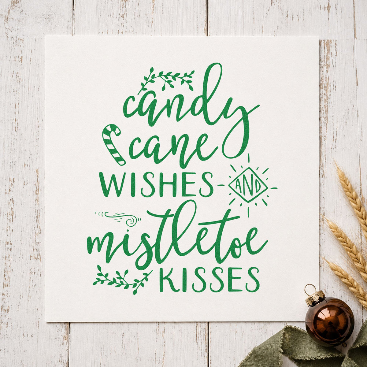 Candy Cane Mistletoe Wishes craft stamp imprinted in green ink on paper, a design suited to framed hall mirror.