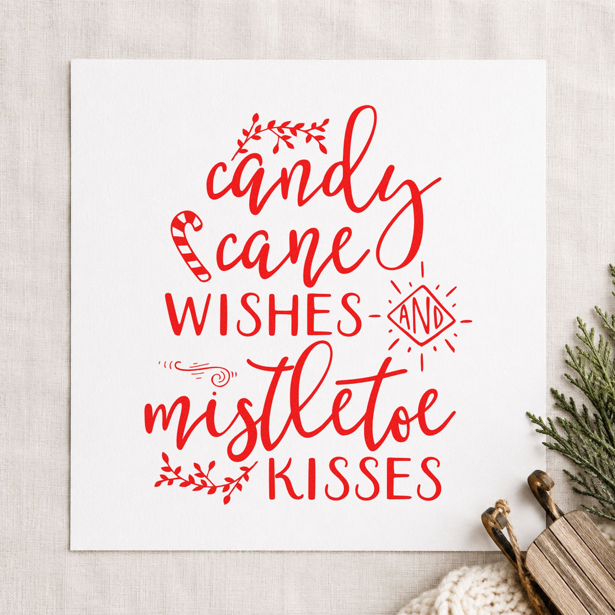 Candy Cane Mistletoe Wishes rubber stamp shown in red ink, stamped for projects such as peppermint jar labels.