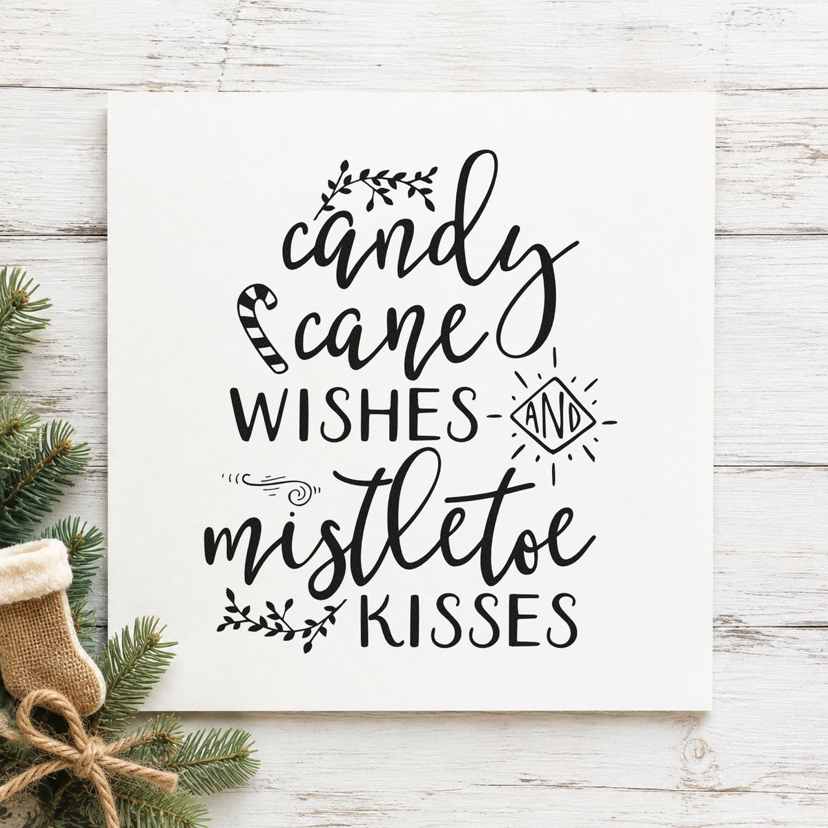 Candy Cane Mistletoe Wishes rubber stamp printed in black ink, ready for cane and sprig cards and similar paper crafts.