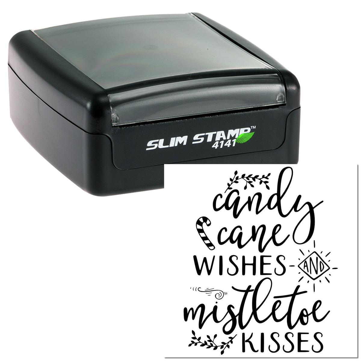 Black slim self-inking stamp with black-and-white custom seal reading candy cane wishes, mistletoe kisses