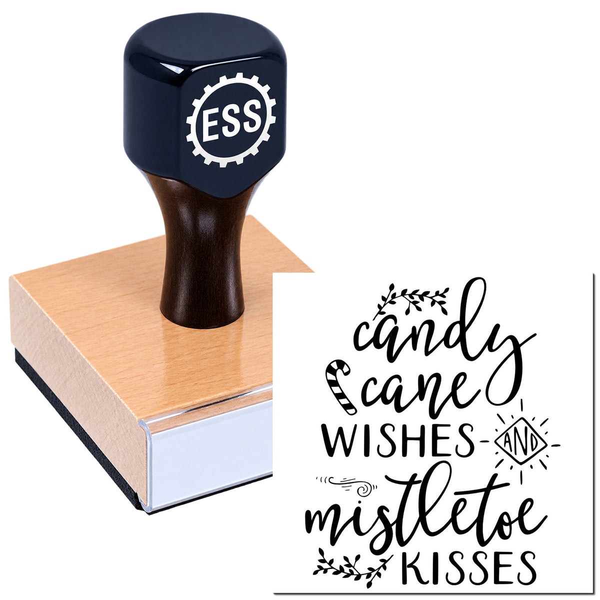 Black rubber stamp and seal on a wood-mounted block, with white ESS logo and a black candy cane, wishes, mistletoe, kisses design.
