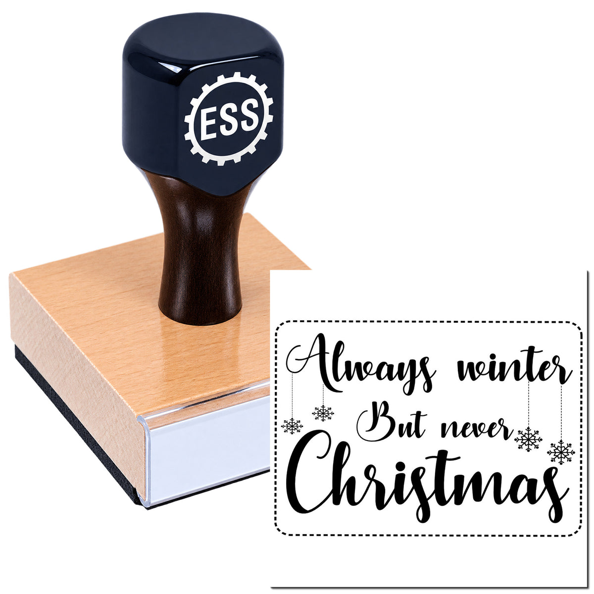 Black rubber stamp with ESS logo on a wooden seal block beside a winter Christmas design with snowflakes.