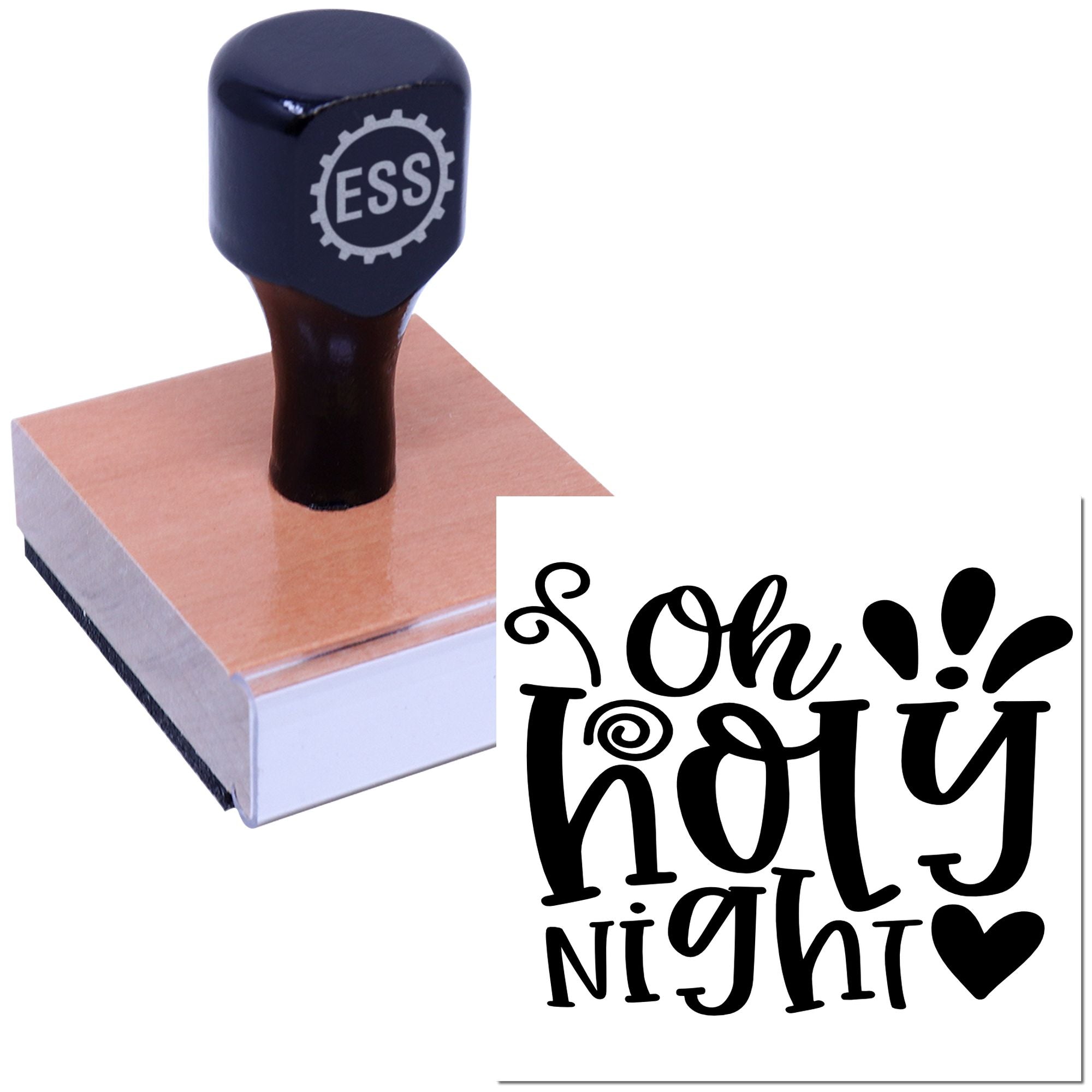 Dark blue ESS stamp on wooden block beside black decorative seal reading Oh Hey Night with hearts