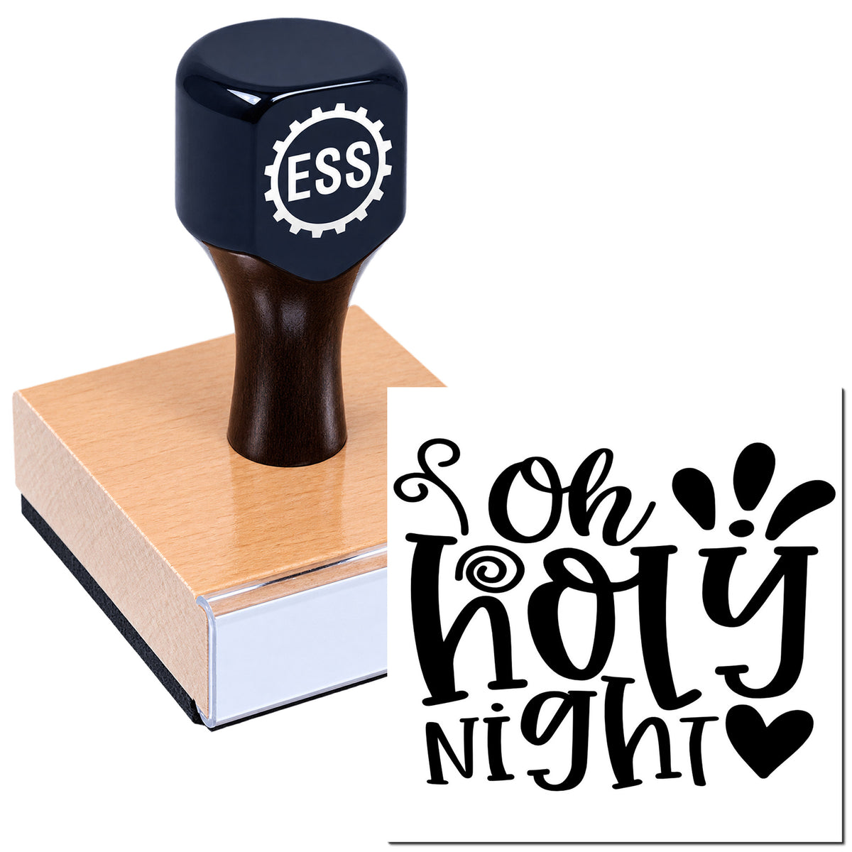 Dark blue ESS stamp on wooden block beside black decorative seal reading "Oh Hey Night" with hearts
