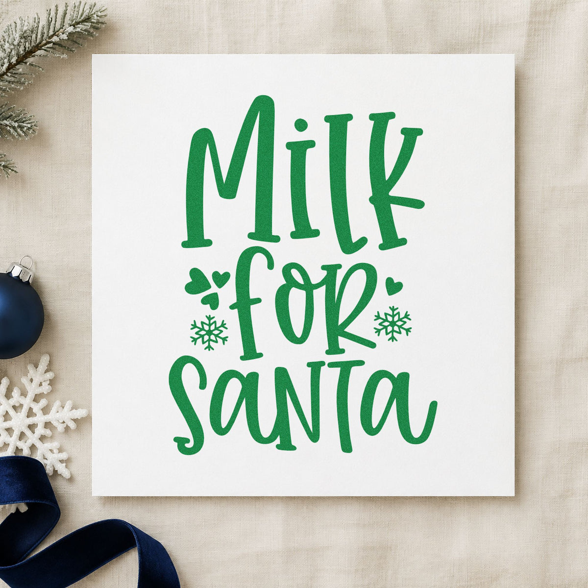 Milk For Santa craft stamp imprint in green ink on a handmade project, one idea being bottle collar tags.