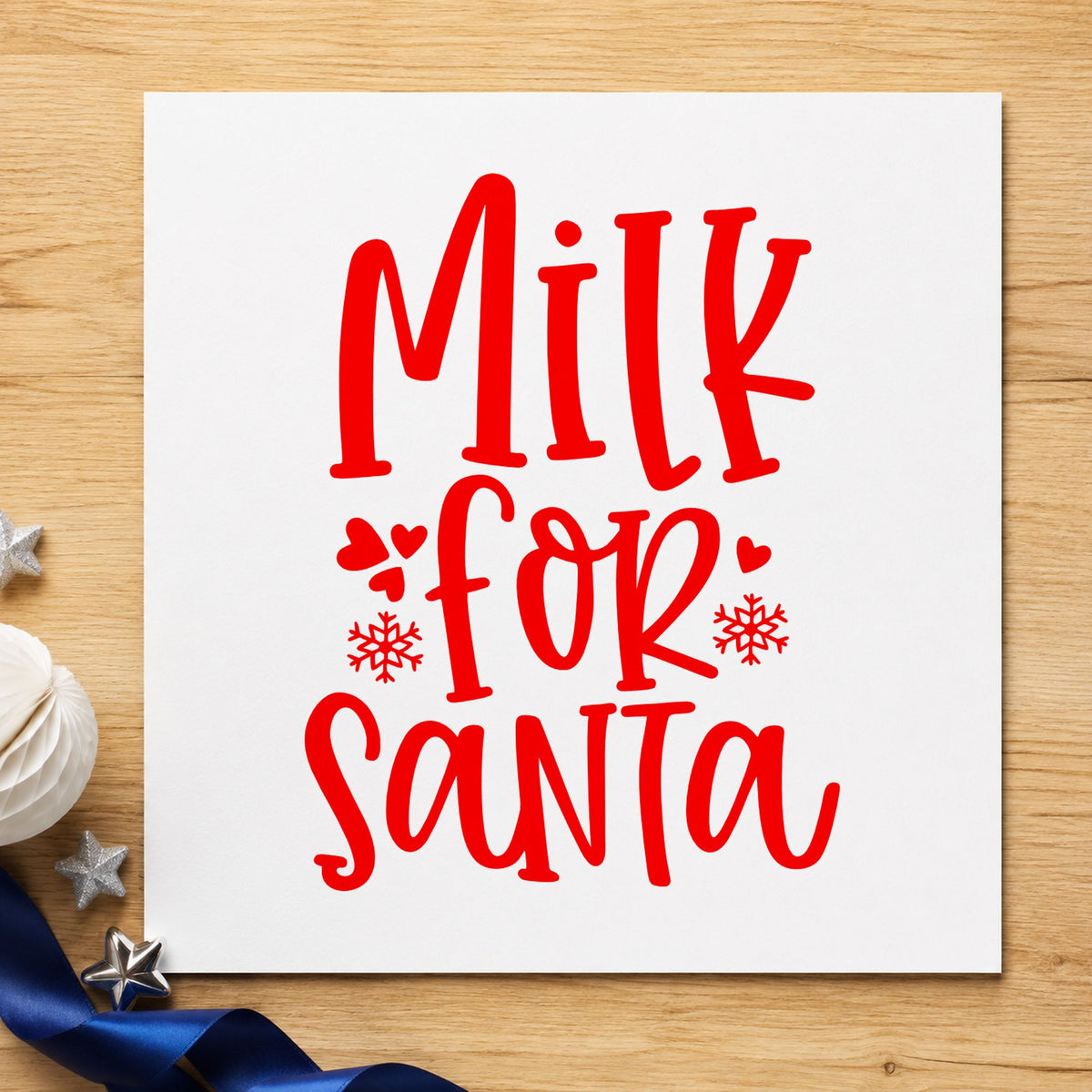 Milk For Santa craft stamp in red ink on cardstock, an easy option for coaster round printing.