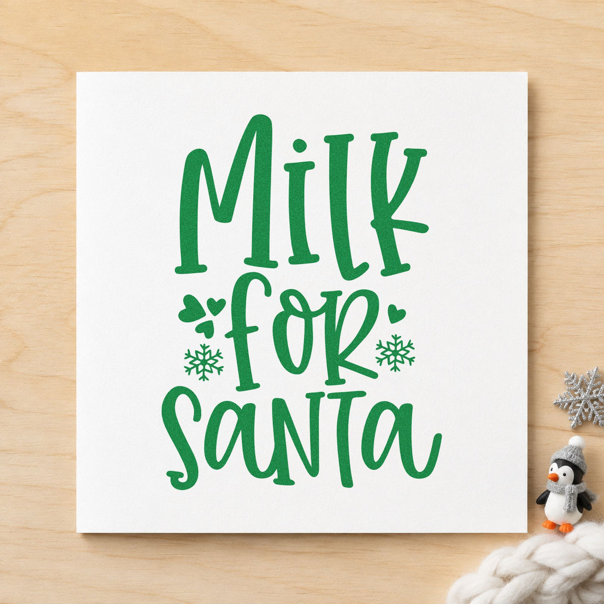 Milk For Santa craft stamp imprinted in green ink on paper, a design suited to framed fridge door.