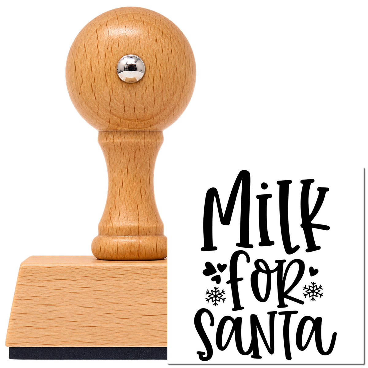 Vintage Pro beech wood stamp with a round knob handle, shown with its black Milk For Santa Snowflakes imprint on white.