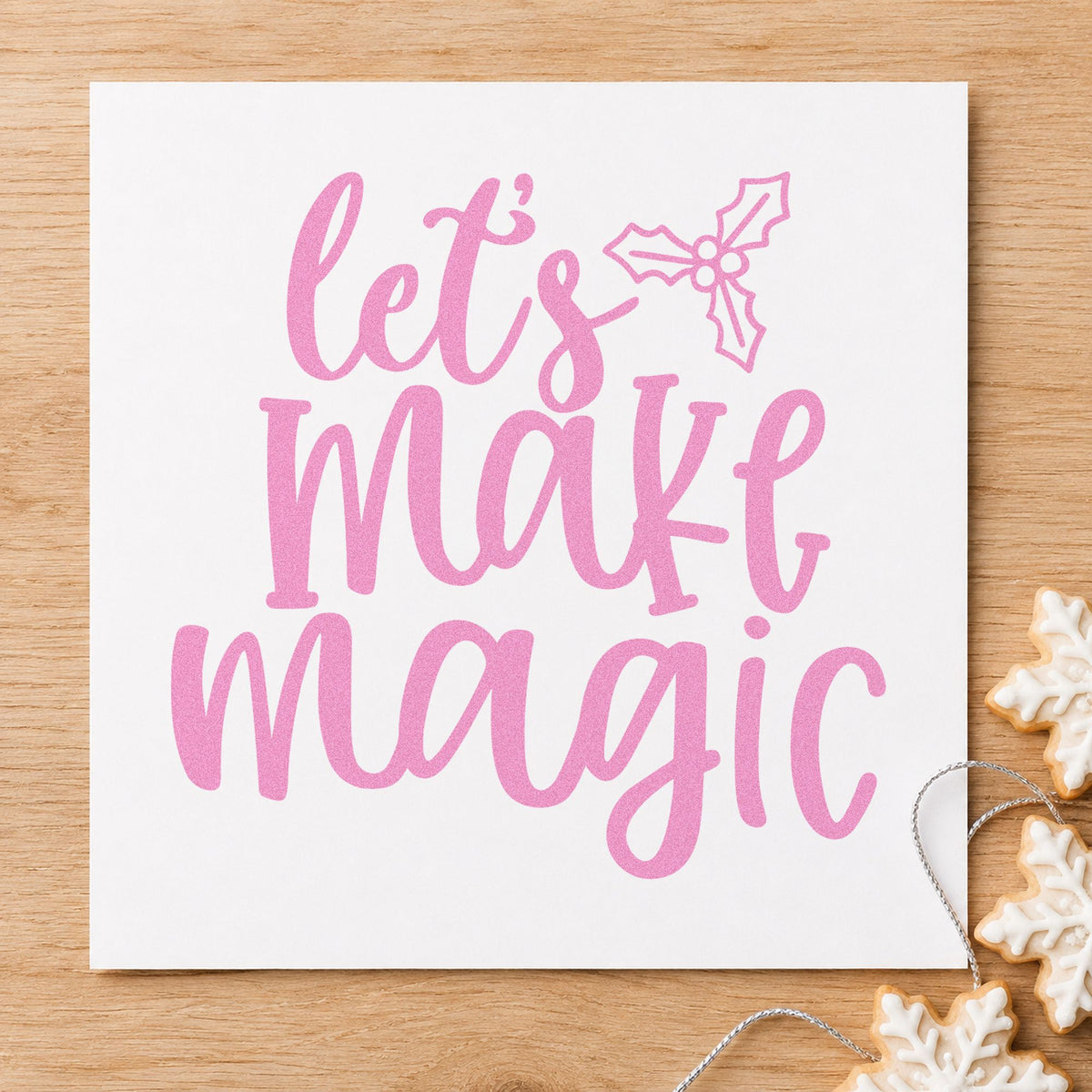 Let's Make Magic Holly craft stamp in purple ink on cardstock, an easy option for project album page.