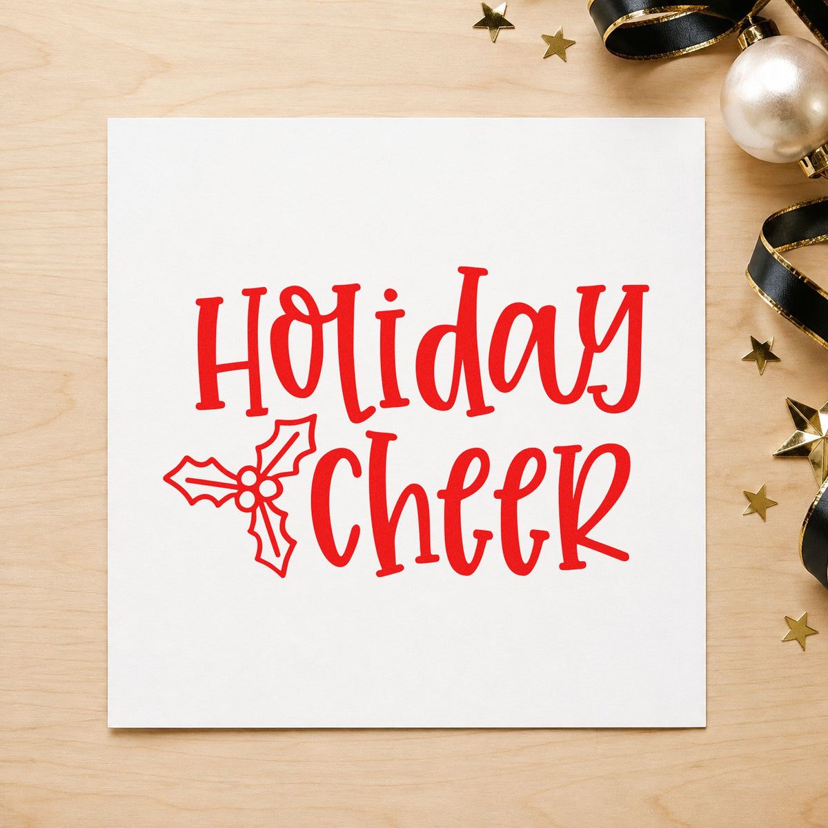 Holiday Cheer Holly craft stamp in red ink on cardstock, an easy option for woven liner printing.