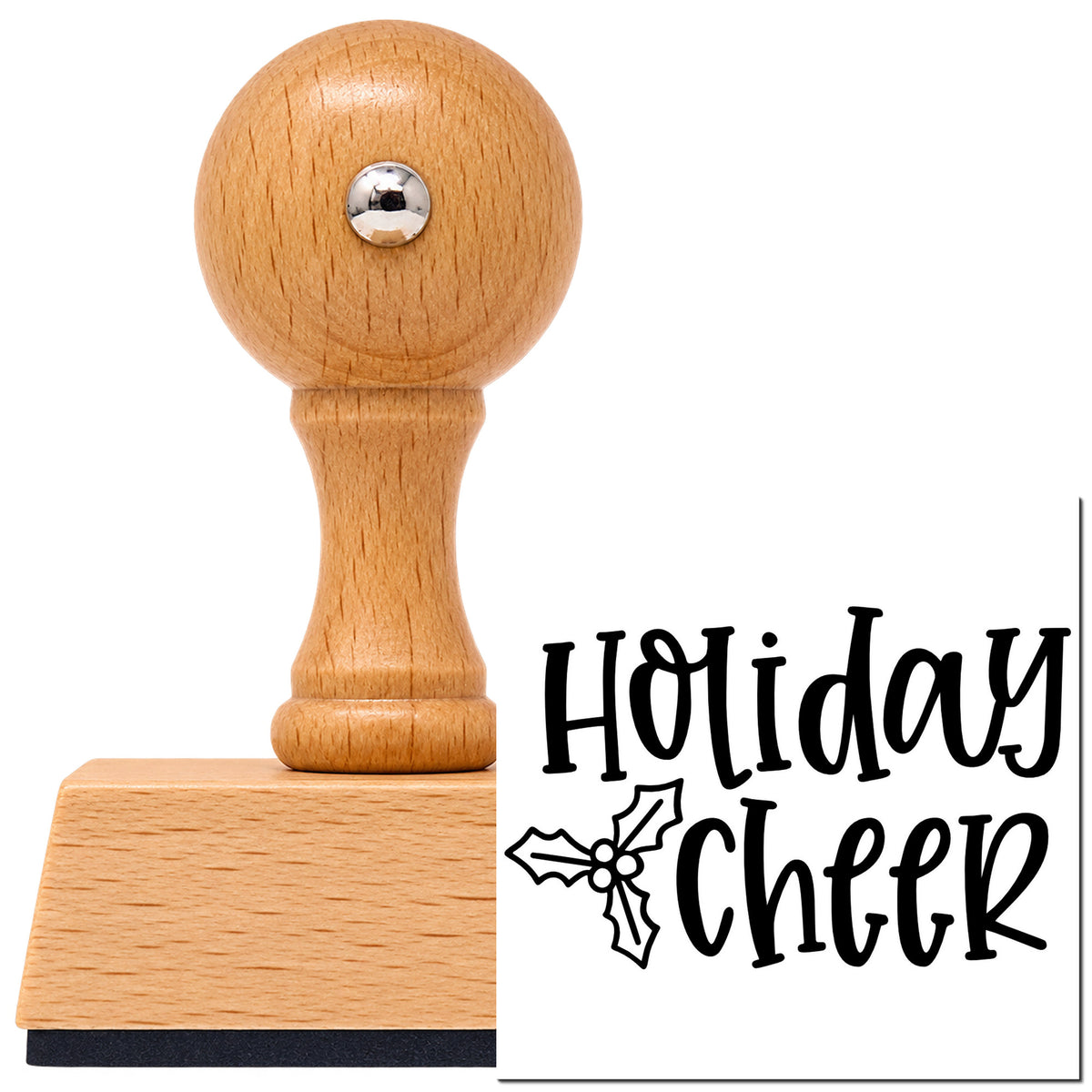 Vintage Pro beech wood stamp with a round knob handle, shown with its black Holiday Cheer Holly imprint on white.