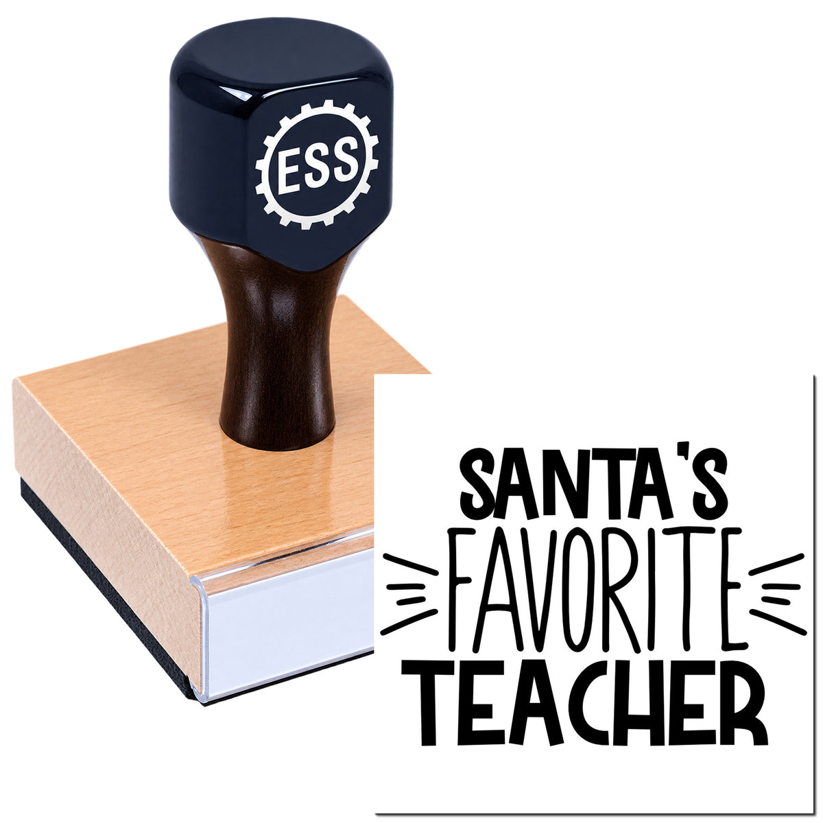Blue ESS rubber stamp on pink self-inking seal pad with "Santa's Favorite Teacher" text.