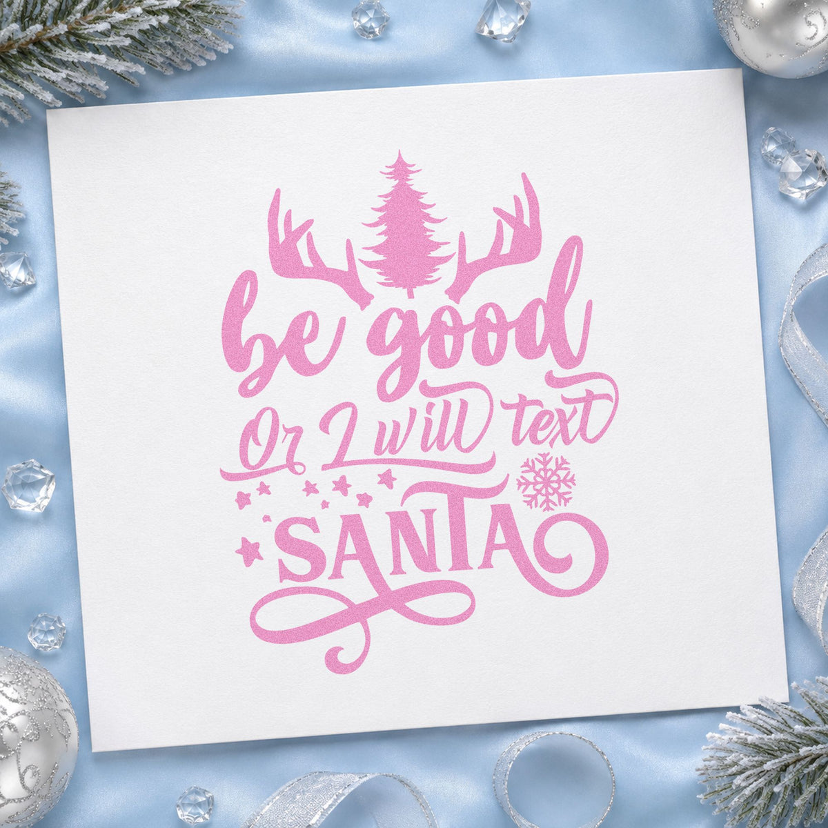 Be Good Text Santa Antlers craft stamp in purple ink on cardstock, an easy option for behavior album page.