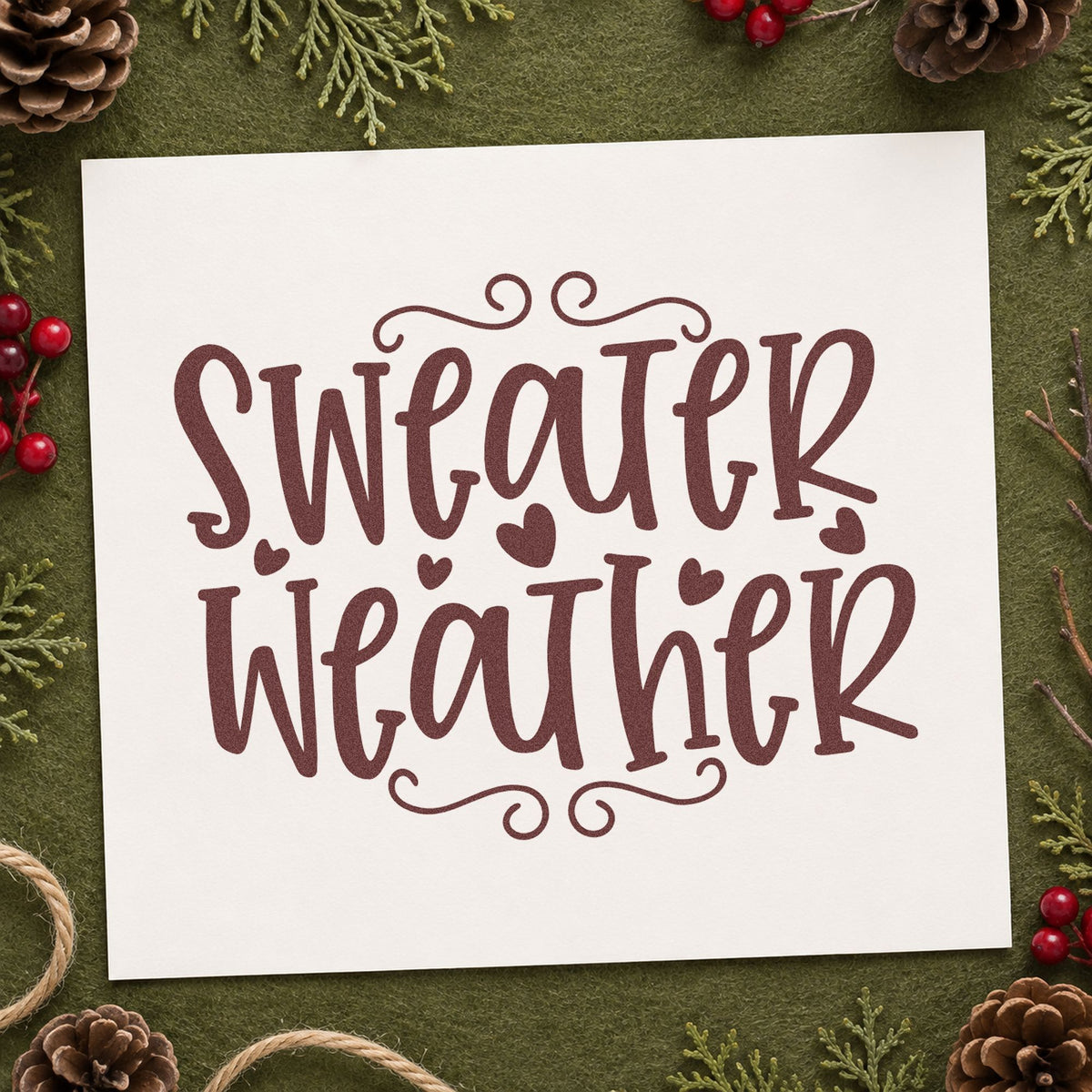 Sweater Weather Hearts rubber stamp printed in brown ink, ready for closet swap sheet and similar paper crafts.
