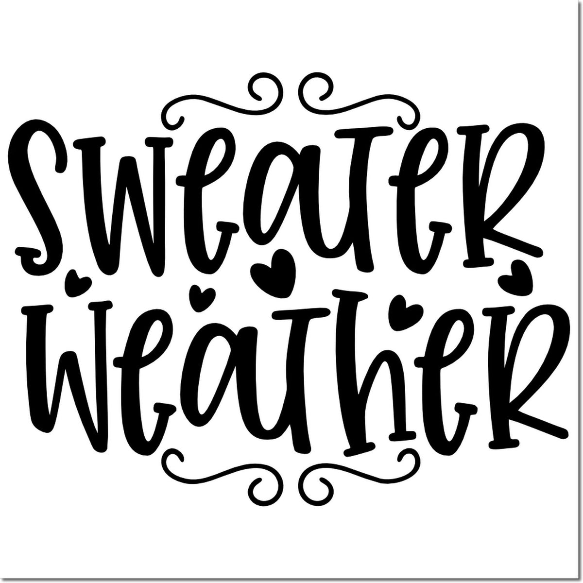 Black Sweater Weather stamp and seal design with hearts and decorative swirls on a white background.