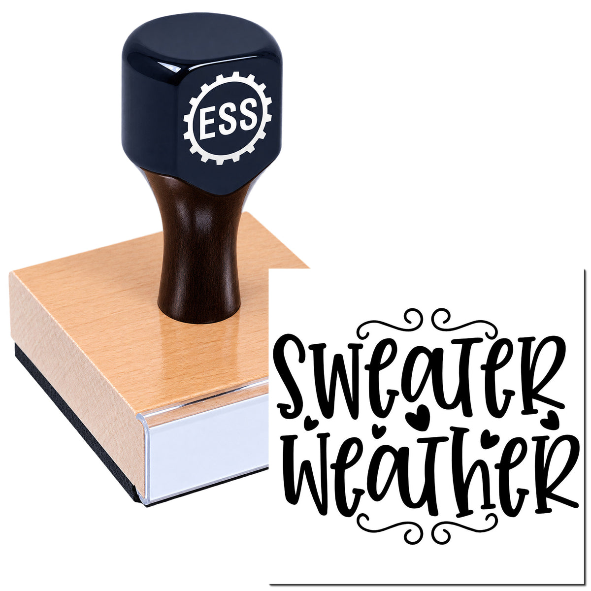 Navy blue custom stamp and seal with ESS logo, paired with black "sweater weather" imprint and heart accents.