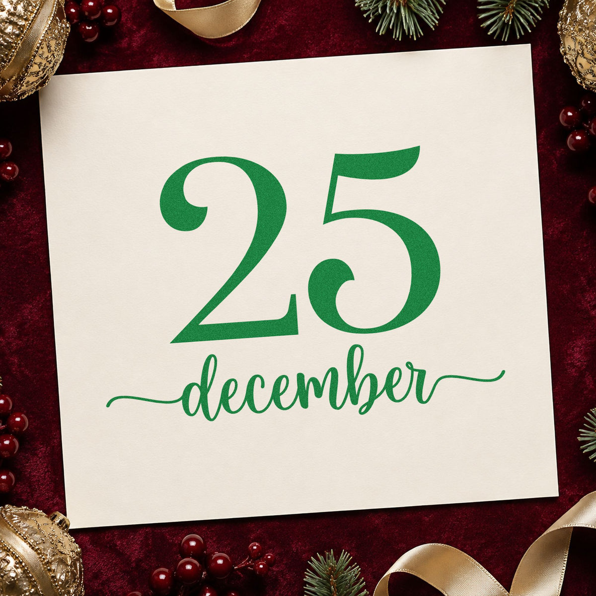December Twenty Five craft stamp imprinted in green ink on paper, a design suited to framed numeral print.