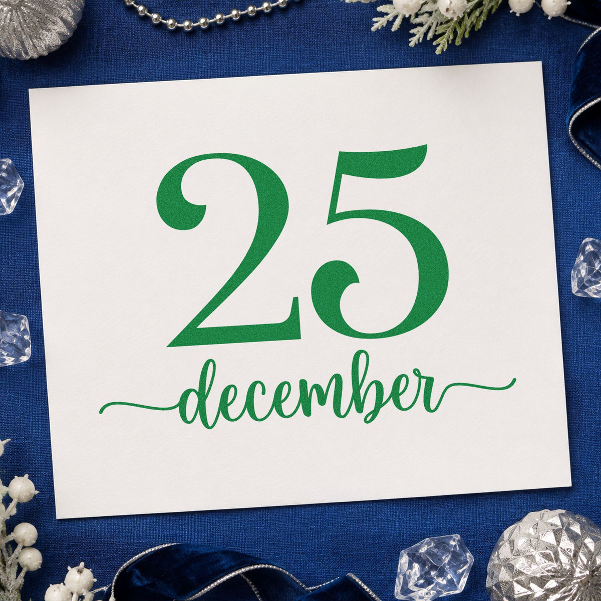 December Twenty Five craft stamp imprint in green ink on a handmade project, one idea being reservation cards.
